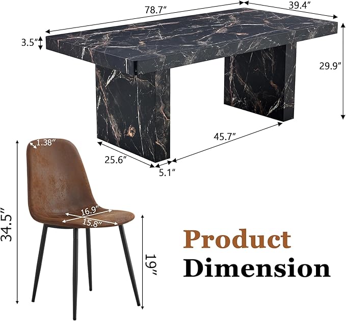 79" Marble Dining Table Set｜Modern Dining Table Set with 6 Suede Chairs｜Engineered Wood with Marble Pattern Tabletop｜Widened and Stable Tablelegs｜Easy Assembly