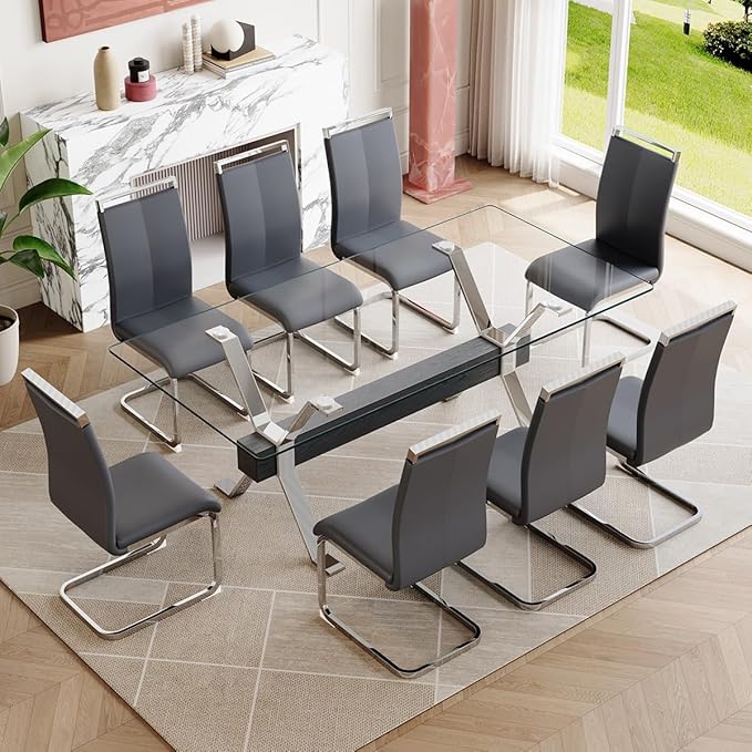 9 Piece Glass Dining Table Set, Kitchen Table Chairs Set for 8, 71'' Dining Table with 0.4" Tempered Glass Tabletop with Plated Metal Legs and MDF Crossbar, 8 PU Chairs for Dining Room, Kitchen.