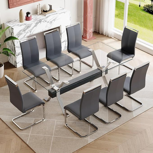 9 Piece Glass Dining Table Set, Kitchen Table Chairs Set for 8, 71'' Dining Table with 0.4" Tempered Glass Tabletop with Plated Metal Legs and MDF Crossbar, 8 PU Chairs for Dining Room, Kitchen.