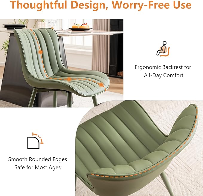 YOUNUOKE Mid-Century Modern Dining Chairs Set of 2, Green PU Leather Upholstered Kitchen Chairs with Green Metal Legs, Armless Accent Chair for Dining Room, Guest Reception Room