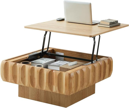 31" Lift Top Coffee Table for Living Room, Fluted Coffee Table with Hidden Storage, Mid Century Modern Solid Wood Veneer Square Center Table for Office Apartment Small Space, Natural