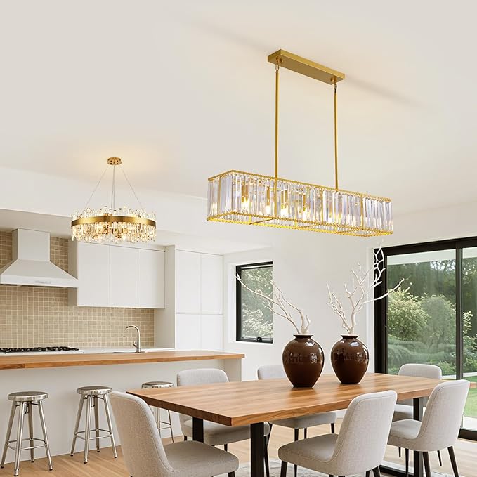 Siljoy 7 Ligts Modern Crystal Chandelier Luxury Gold Rectangular Crystal Chandelier Farmhouse Rectangle Linear Pendant Ceiling Light Fixture for Living Dining Room Kitchen Island L47'' x W10'' x H10''