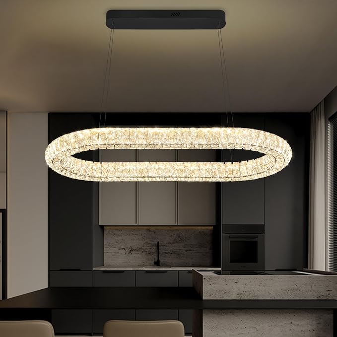 Oval Crystal Chandelier, 40'' Black Crystal Ring Pendant Light for Kitchen Island Modern Linear Oval Chandeliers for Dining Room Dimmable 3000K-6000K