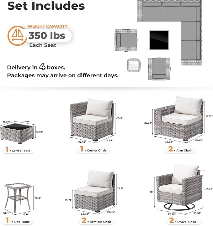 ovios 9 Pieces Patio Furniture Set, Outdoor Wicker Sectional Sofa with 2 Swivel Chairs Coffee Table, Modern Modular Deep Seat Rattan Couch Conversation Sets, Beige