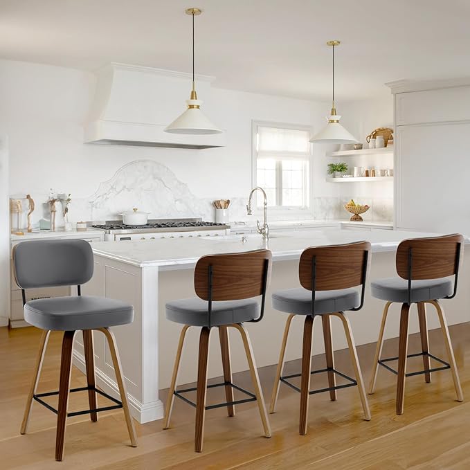 Swivel Counter Height Bar Stools Set of 4, 26" Upholstered Faux Leather Barstools with Back and Bent Wood Legs, Mid Century Modern Bar Chair Island Stool for Kitchen Counter, Grey