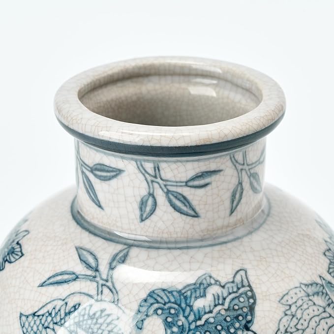 SIDUCAL Blue and White Vintage Vase | 6 Inch Ceramic Chinoiserie Floral | Retro Ice Cracked Blue and White Porcelain Vase for Table, Living Room, Bathroom Decoration, Wedding, Shelf Decor, Mantel