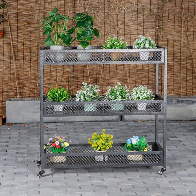 Outdoor Heavy-Duty 3-Tier Moving Garden Cart Sturdy Metal Plant Stand with High-Capacity Load & Rotating Wheels