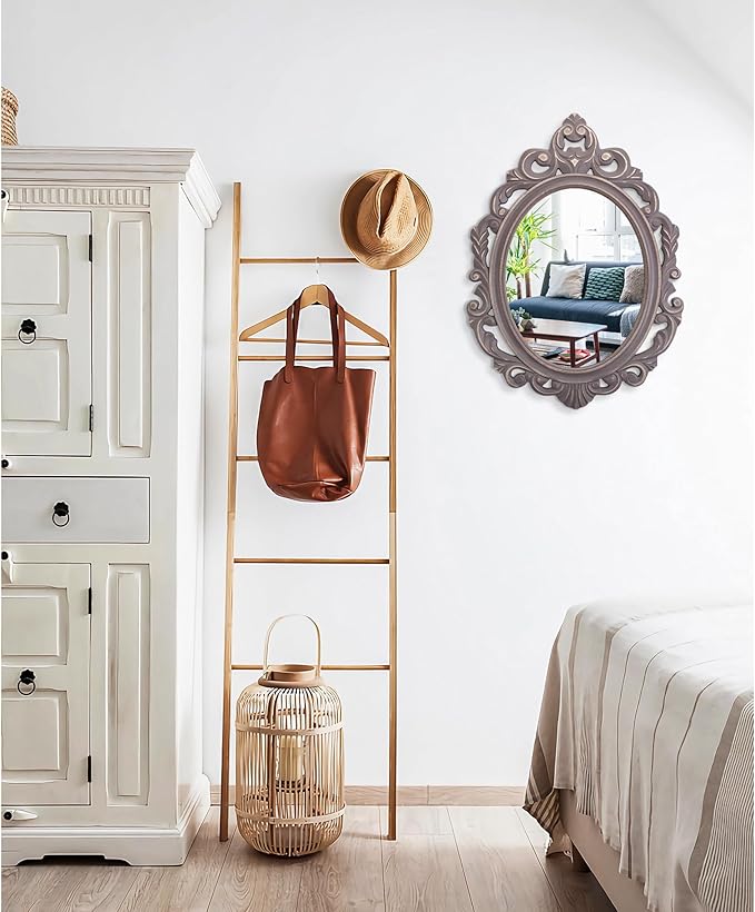 Hanging Wall Mirror Wall Decor Vintage Brown Antique Oval Carved Wood Frame Bathroom Mirror Vanity Rustic Wall Mounted Mirrors Decorative Farmhouse Mirrors for Bedroom Living Room 20"x16"