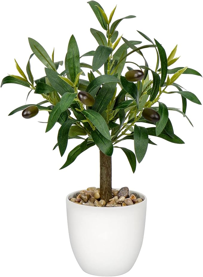 Artificial Olive Tree15'' Small Faux OliveTree Fake Olive Plants with White Pot for Home Bedroom Table Shelf Office Hotel Decor, Briful