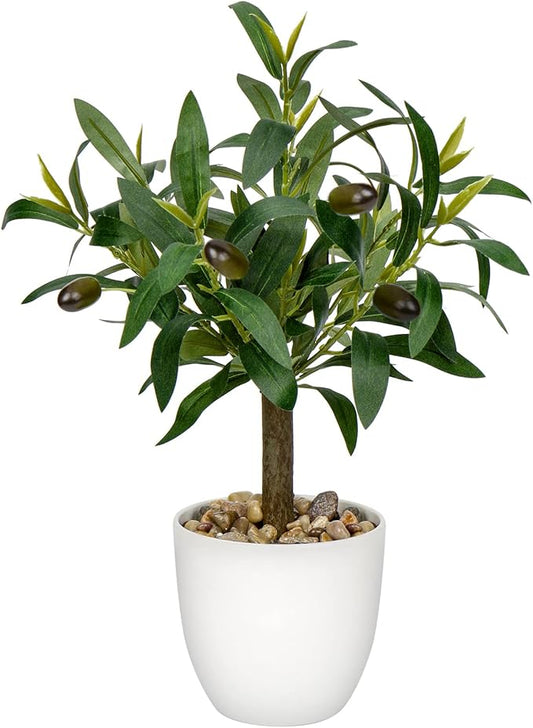Artificial Olive Tree15'' Small Faux OliveTree Fake Olive Plants with White Pot for Home Bedroom Table Shelf Office Hotel Decor, Briful