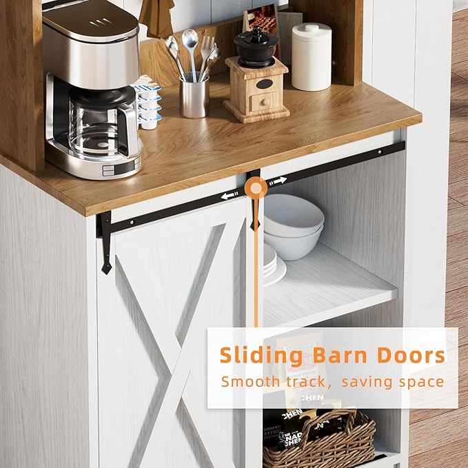 Farmhouse Coffee Station with 3 Tier Storage Hutch & 6 Hooks - 56 Inch Small Coffee Bar Table with Adjustable Shelves for Living/Dining Room