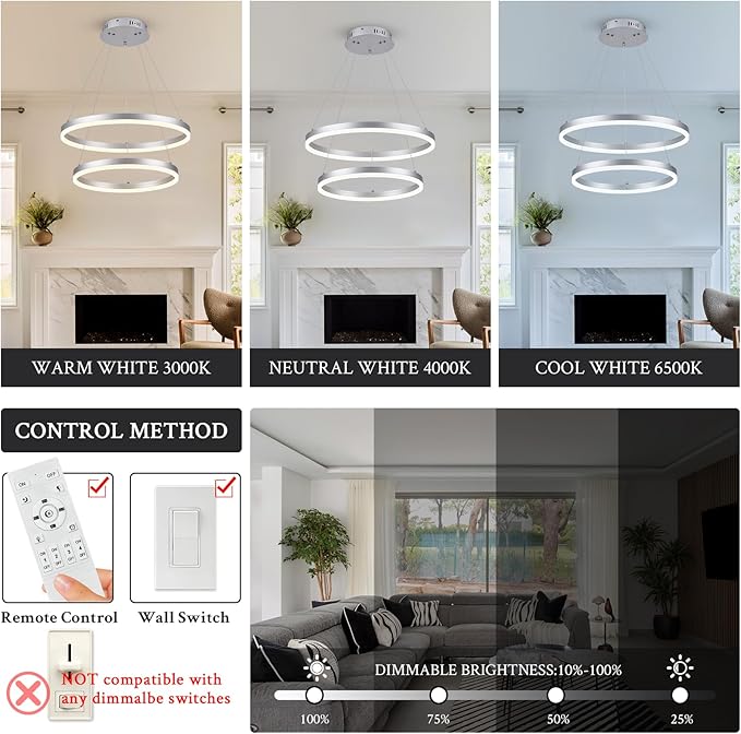 Modern LED Chandelier Silver 2-Rings Pendant Light Circular Flush Mount Ceiling Chandelier Lighting with Remote Control for Bedroom Living Room Dining Room Entrance, 3000K-6500K