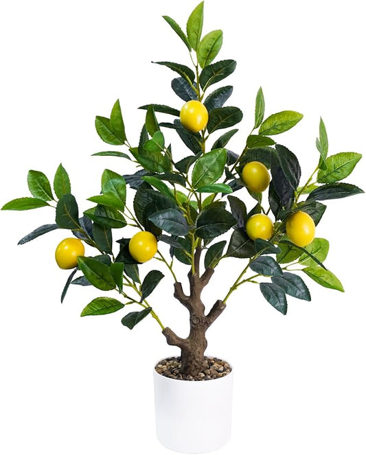 24Inch Fake Lemon Tree, Lemon Decor for Tabletop, Desk, Centerpiece, Home, Kitchen, Living Room, Artificial Potted Plants with White Planter and Stone Cover