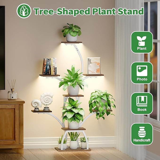 Plant Stand Indoor with Grow Lights, 6 Tiered Plant Shelf Indoor, 50" Corner Plant Stands for Indoor Plants, Lighted Tree-Shaped Plant Holder, Tall Flower Display Rack for Living Room, Patio（White)