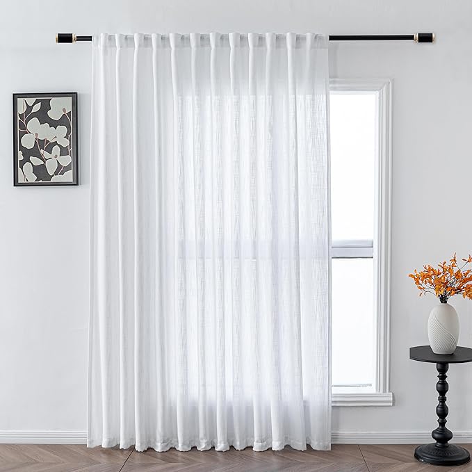 MYSKY HOME Patio White Curtains for Sliding Door, Living Room Curtains & Drapes Soft Cotton Farmhouse Window Treatments 90 inch Length 1 Panel Set Linen Look Semi Sheer Draperies, 100" W x 90" L