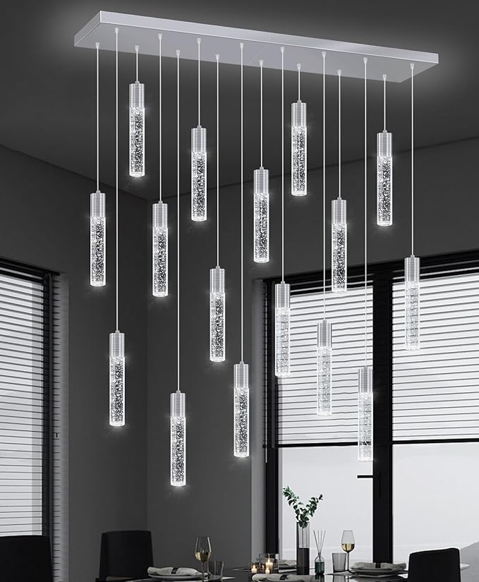 16-Lights Modern Crystal Rectangular Chandeliers LED Pendant Light for Kitchen Island High Ceiling Chandelier for Dining Room Entrance Foyer Living Room Silver