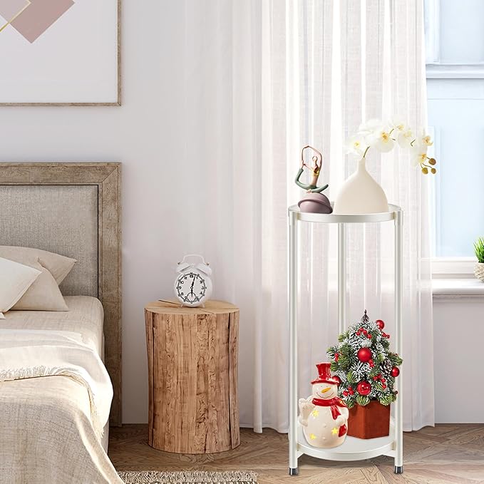 2 Tier Metal Plant Stand Rack Indoor Outdoor Flower Pot Shelf, 26.7in Tall Rustproof Round Planter Display Storage Rack, Heavy Duty Potted Holder for Home Garden Patio Bathroom Living Room (white)