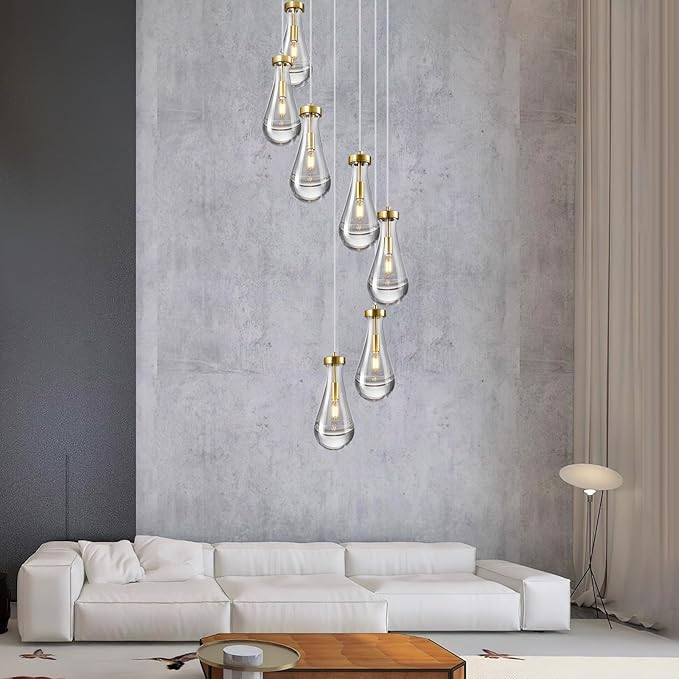 Raindrop Pendant Lights Kitchen Island Teardrop Gold Hanging Light Fixtures Clear Solid Glass Pendant Light Modern Chandeliers for Dining Room Porch Corridor Living Room(7-Light)