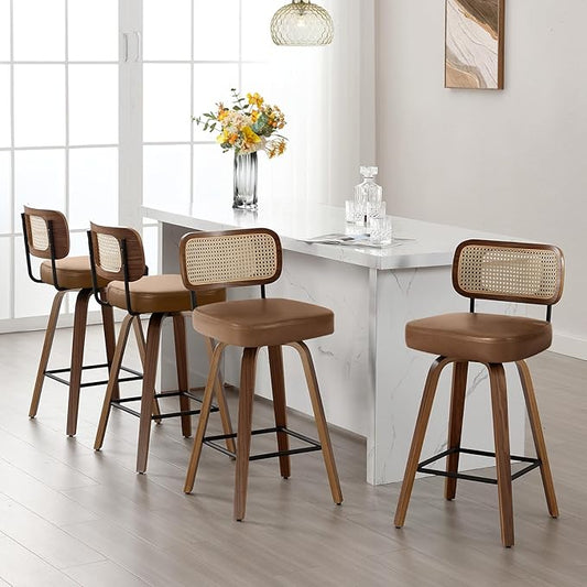 Swivel Counter Height Bar Stools Set of 4, Upholstered Faux Leather Barstools with Rattan Back, 26" Seat Height Bar Chairs for Kitchen Island, Bentwood Wood Frame, Brown