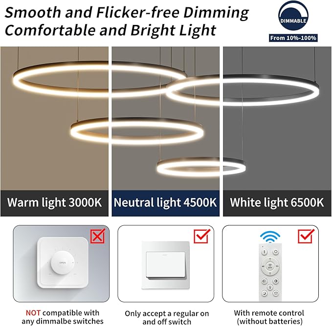 Modern LED Chandelier Light, 4 Ring Black Pendant Lighting Fixture, Adjustable Hanging Ceiling Lamp for Dining Room, Kitchen Island, Entryway, Living Room, Dimmable Dining Light Over Table