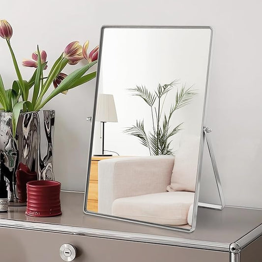 Makeup Vanity Mirror Portable Desktop Mirror with Metal Stand Adjustable 90° Rotation Desk Mirrors for Dressing Room,Bedroom, Bathroom,Tabletop,Square Silver