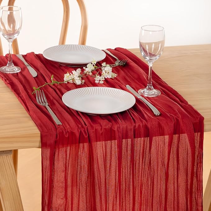 MLMC Red Table Runner 10ft Boho Rustic Gauze Fall Cheesecloth Table Runner Cheese Cloth Decor 35x120 Inches for Halloween Wedding Reception Home Winter Christmas Decor