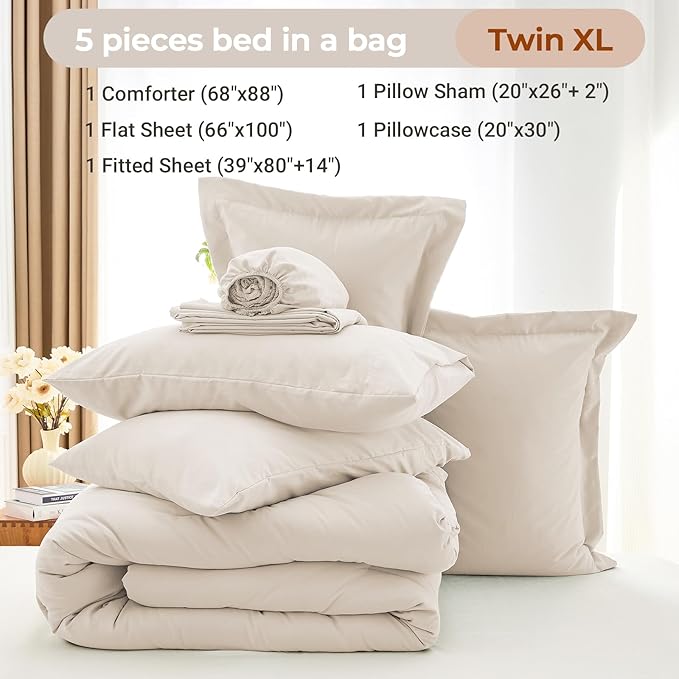 MUXHOMO 5 Pieces Twin XL Comforter Set, Soft Bed in a Bag Twin XL Size, All Season Bedding Set with Comforter, Flat Sheet, Fitted Sheet, Pillowcases & Shams, Beige