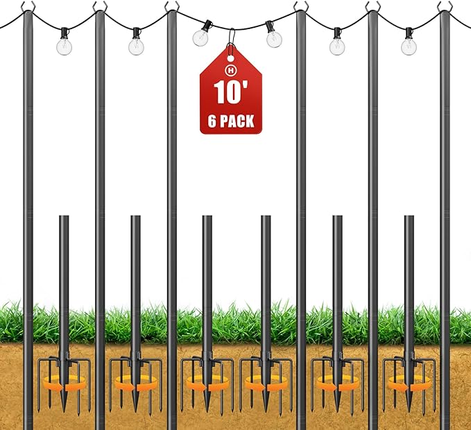 String Light Poles for Outside, 10ft Adjustable Metal Poles for Outdoor String Lights Hanging Light, Outdoor Light Poles with Fork, for Patio, Deck, Backyard, Garden (6 Pack)