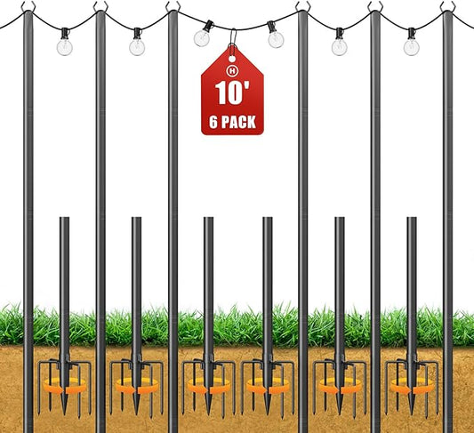 String Light Poles for Outside, 10ft Adjustable Metal Poles for Outdoor String Lights Hanging Light, Outdoor Light Poles with Fork, for Patio, Deck, Backyard, Garden (6 Pack)