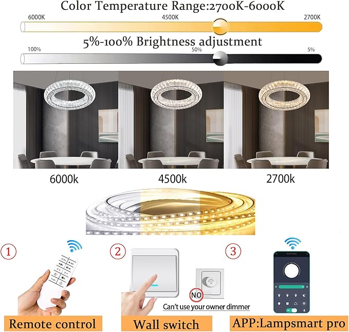 Dimmable LED 15.7" Ring Pendant Light Modern Adjustable Black Round Crystal Chandelier Light Fixtures for Dining Room Living Room