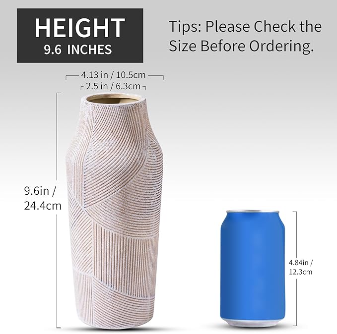 Vintage Ceramic Flower Vase, Terracotta Farmhouse Decorative Rustic Stone Clay Floral Vase, Concrete Grey Home Decor for Living Room, Entryway, Kitchen, Bedroom, Bathroom and Shelf 9.6 Inch