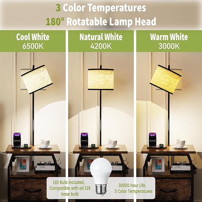 Floor Lamp with Table, End Tables with Lamps Attached 3-Color Temperature Bulb, Side Table with Lamp with 2 Drawers & Charging, Lamps Tables Combo for Bedroom, Dorm, Apartment - Rustic Brown