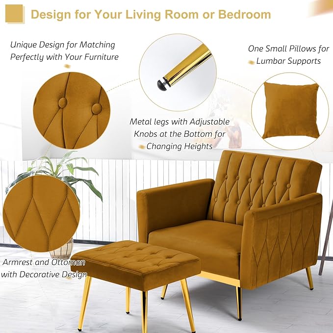 Velvet Accent Chair with Adjustable Armrests and Backrest, Button Tufted Lounge Chair, Single Recliner Armchair with Ottoman and Pillow for Living Room, Bedroom, Ginger