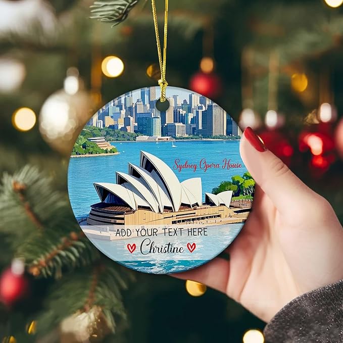 Customized Sydney Opera House Ceramic Christmas Tree Ornament 2025, Personalized Text/Name Australia Travel Souvenir Ornaments, City of Australia Sydney Vacation Trip Xmas Ornament for Travel Lovers