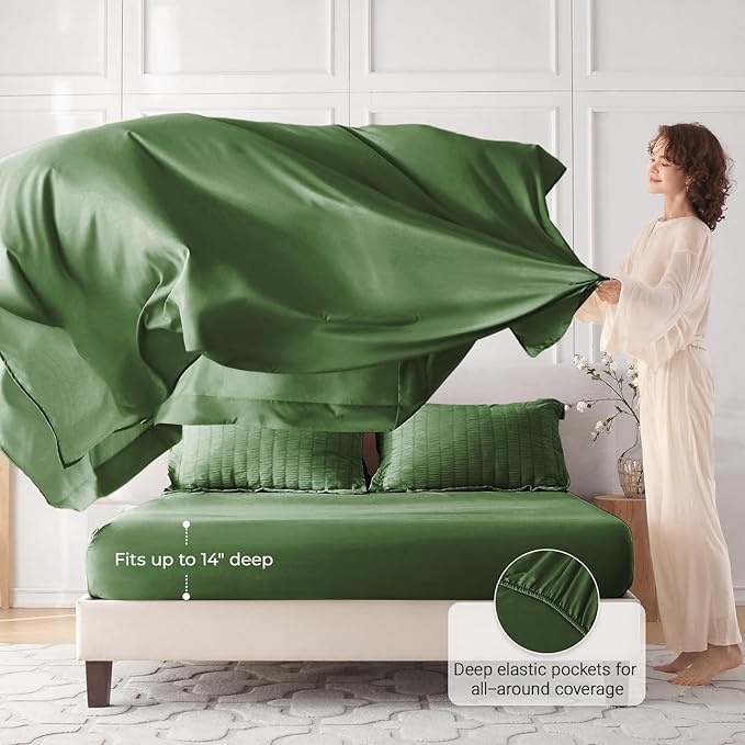 MUXHOMO 7 Pieces California King Comforter Set, Seersucker Bed in a Bag Cal King Size, All Season Luxury Bedding Set with Comforter, Flat Sheet, Fitted Sheet, Pillowcases & Shams, Dark Green