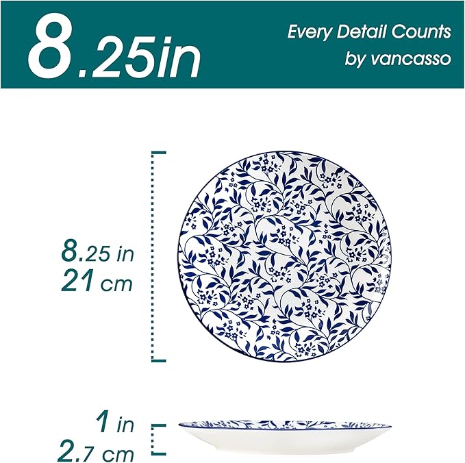 vancasso Ceramic Salad Plates Set of 6, Small Vintage 8.25 Inch Plate Set of 6 for Kitchen, Porcelain Blue and White Dessert Plates for Kitchen, Microwave Oven Dishwasher Safe, Vintage Gift