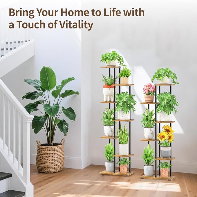 LASZOLA Black 6 Tiered Wood Plant Stand Indoor for Larger Heavy Duty Planter, Sturdy Multi Level Vertical Flowers Racks for Narrow Inside Floor, Decorate Shelving for Hold House Tree, Space Saving