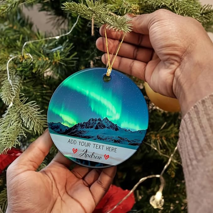 Personalized Text/Name Northern Lights in Iceland Ceramic Ornament Christmas 2025, Northern Lights Iceland Ornament for Xmas Tree, Custom Aurora Borealis Travel Souvenir Ornaments Gift for Men Women