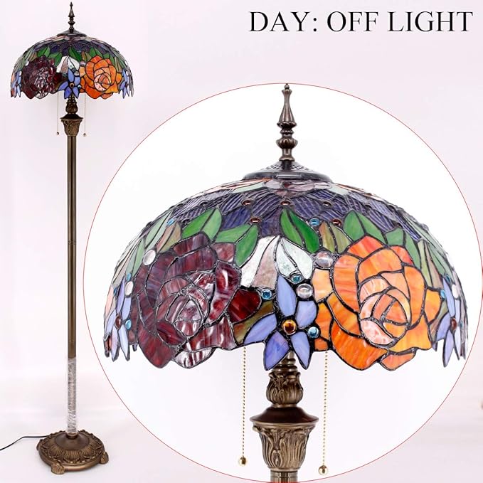 WERFACTORY Tiffany Floor Lamp Red Yellow Rose Stained Glass Standing Reading Light 16X16X64 Inches Antique Pole Corner Lamp Decor Bedroom Living Room Home Office S001 Series