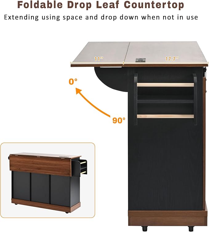 55.5" Farmhouse Kitchen Island with Drop Leaf, Kitchen Storage Island with Barn Door, Power Outlet, for Home, Kitchen, Dining Room, Black