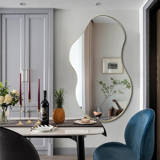 Irregular Wall Mirror, 46"x26" Asymmetrical Mirrors with Gold Metal Frame, Waved Shaped Decorative Mirrors for Living Room Bathroom Bedroom Hallway Entryway Fireplace