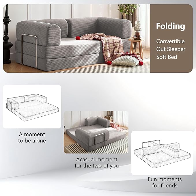 Modern Convertible Lounge Chair, Corduroy Fabric, Square Platform Design with Metal Frame, Floor Sofa Bed with Fixed-Shape Frame,Living Room Seating with Armrest (Grey, Large 3-Seater Sofa)