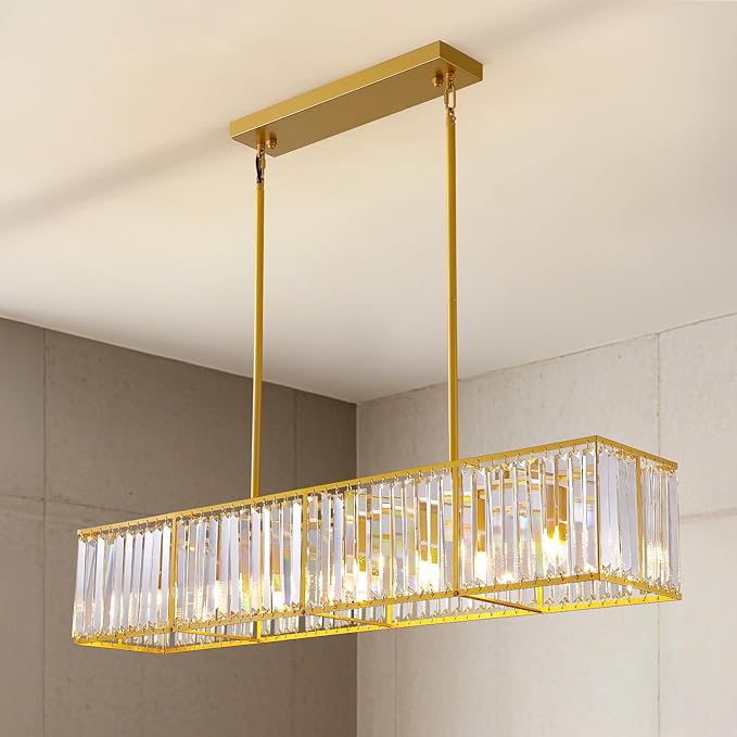 Siljoy 7 Ligts Modern Crystal Chandelier Luxury Gold Rectangular Crystal Chandelier Farmhouse Rectangle Linear Pendant Ceiling Light Fixture for Living Dining Room Kitchen Island L47'' x W10'' x H10''