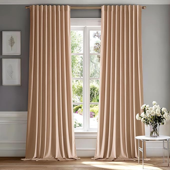 MIULEE Blush Beige Velvet Curtains 96 inches 2 Panels - Luxury Room Darkening Window Drapes for Bedroom Living Room Thermal Insulated Super Soft Blackout, Back Tab Rod Pocket Pinch Pleated, W52 x L96