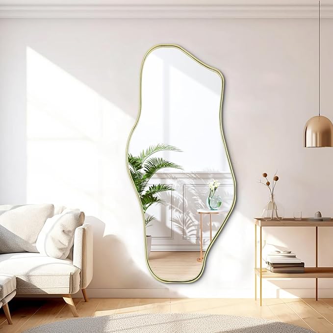 Irregular Wall Mirror, 47.2"x21.5" Asymmetrical Mirror with Gold Metal Frame, Cloud Shaped Waved Decorative Mirrors for Living Room Bathroom Bedroom Hallway Entryway Fireplace