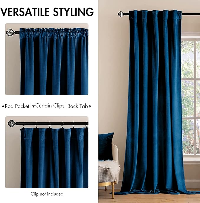 MIULEE Blue Velvet Curtains 2 Panels Luxury Room Darkening Curtains for Bedroom Living Room Thermal Insulated Super Soft Window Drapes Rod Pocket & Back Tab, Peacock Blue, W52 x L72 inches