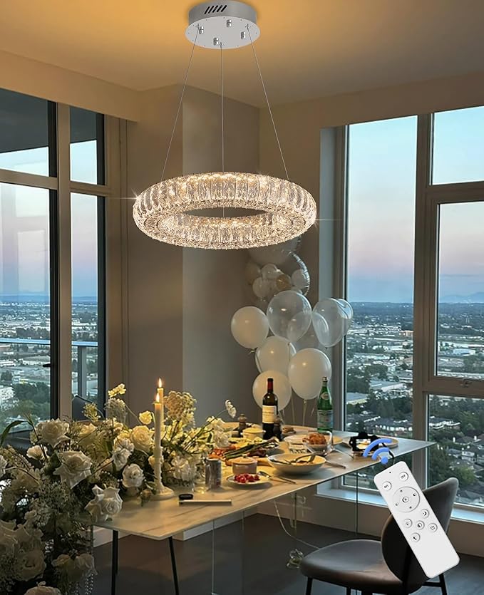 Modern Crystal Chandelier Dimmable LED 15.7" Ring Pendant Light Adjustable Round Chrome Crystal Chandelier Light Fixtures for Dining Room Living Room