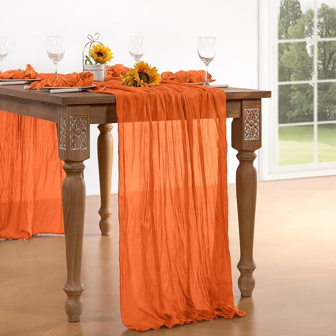 Orange Cheesecloth Table Runner 4 Pack Halloween Orange Table Runners Boho Gauze 120 Inches Cheese Cloth Fall Table Decorations for Thanksgiving Weddings Bridal Baby Shower Party Decor