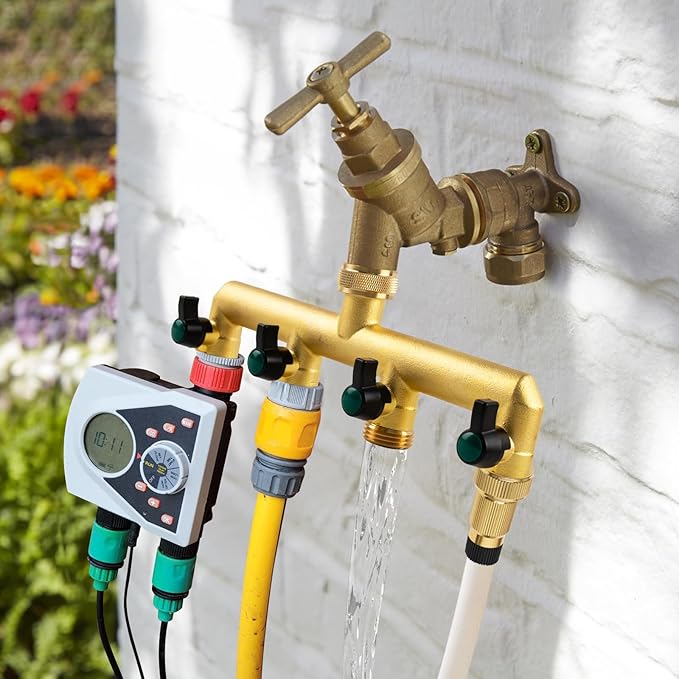 Gleiven Garden Hose Splitter, 3/4" Tap T Splitter, T-Shape Valve, 4-Way Tap Connector with Individual On/Off