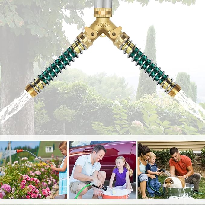 Brass Garden Hose Splitter 2 Way, All Body Metal Heavy Duty Water Splitter Y Way with 2 Hose Protectors Kink Free Hose Extension 10 Rubber Washers